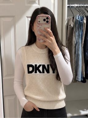 DKNY Cream Knit Logo Sleeveless Tank Top